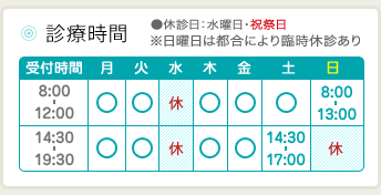 診療時間　休診日水曜・祝祭日　午前8〜12時 午後14時半〜19時半（ただし、土曜午後は17時まで、日曜は8〜13時まで午後休診）※日曜日は都合により臨時休診あり